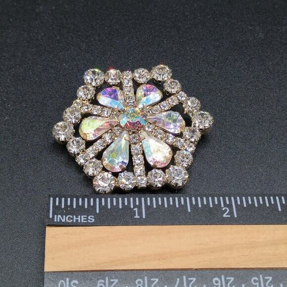 Vintage Aurora Borealis Rhinestone Brooch, Wedding Pin, Mid-Century, 1 7/8 Inch - Picture 7 of 10